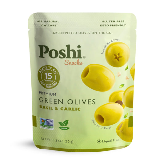 Pitted Green Olives With Basil & Garlic - 10 Snack Packs (1.1 OZ/Pouch)