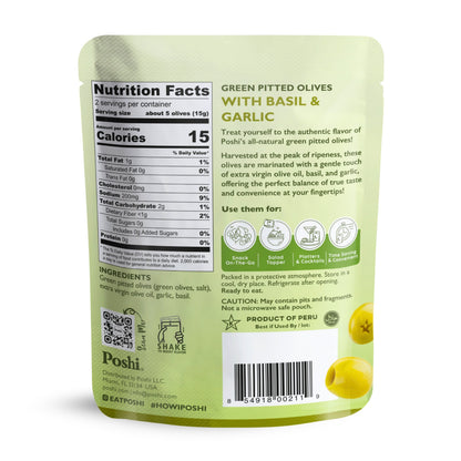 Pitted Green Olives With Basil & Garlic - 10 Snack Packs (1.1 OZ/Pouch)