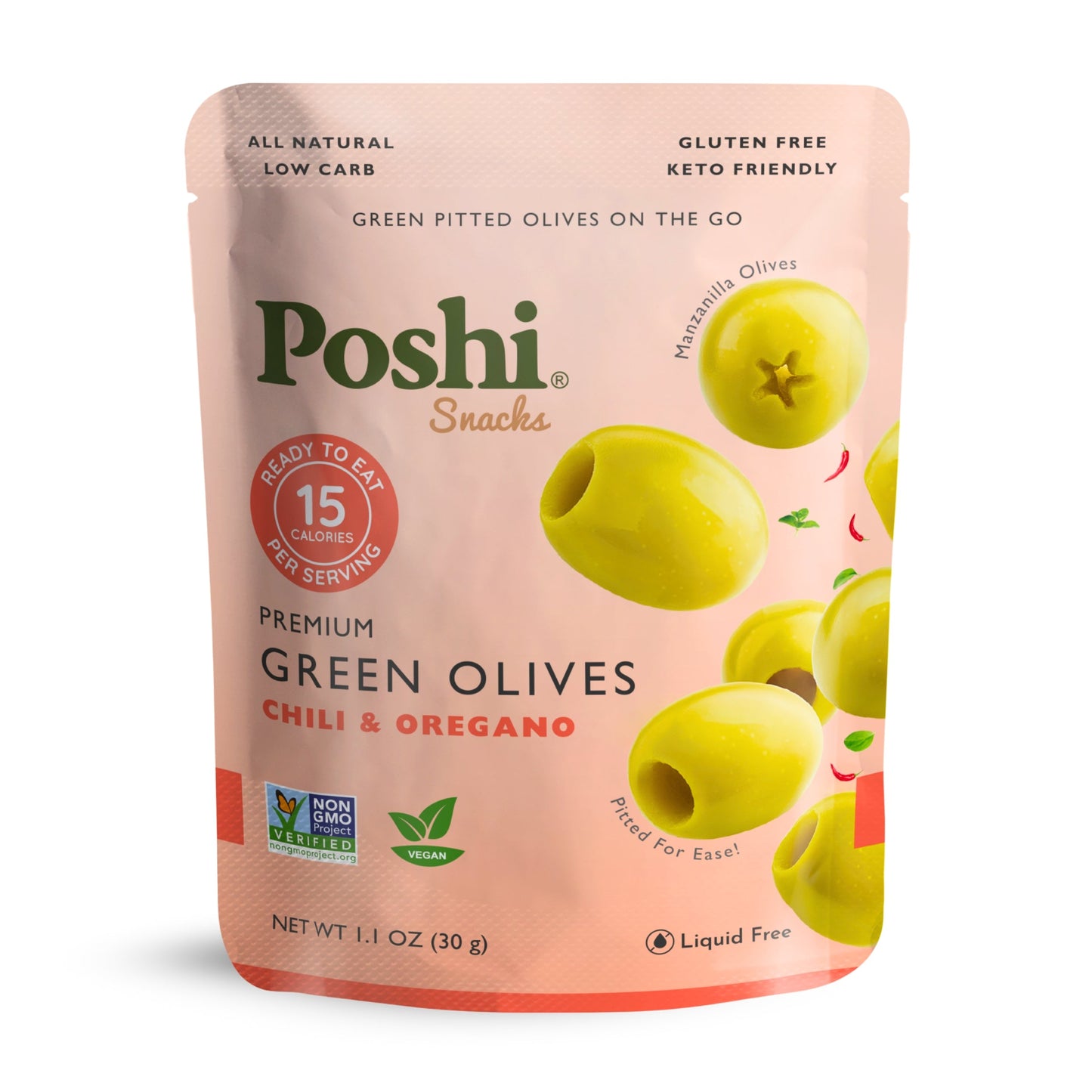 Pitted Green Olives With Chili & Oregano - 10 Snack Packs (1.1 OZ/Pouch)
