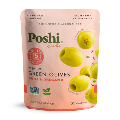 Pitted Green Olives With Chili & Oregano - 10 Snack Packs (1.1 OZ/Pouch)