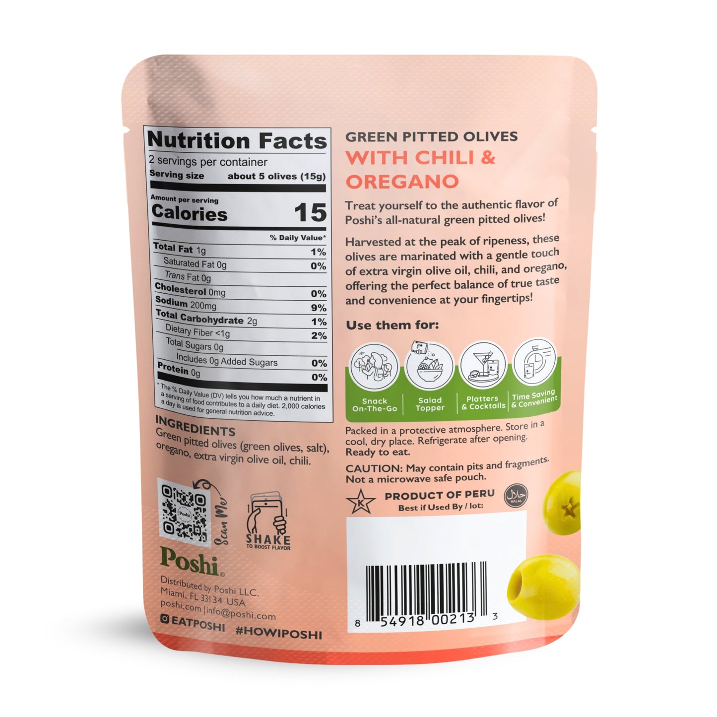 Pitted Green Olives With Chili & Oregano - 10 Snack Packs (1.1 OZ/Pouch)